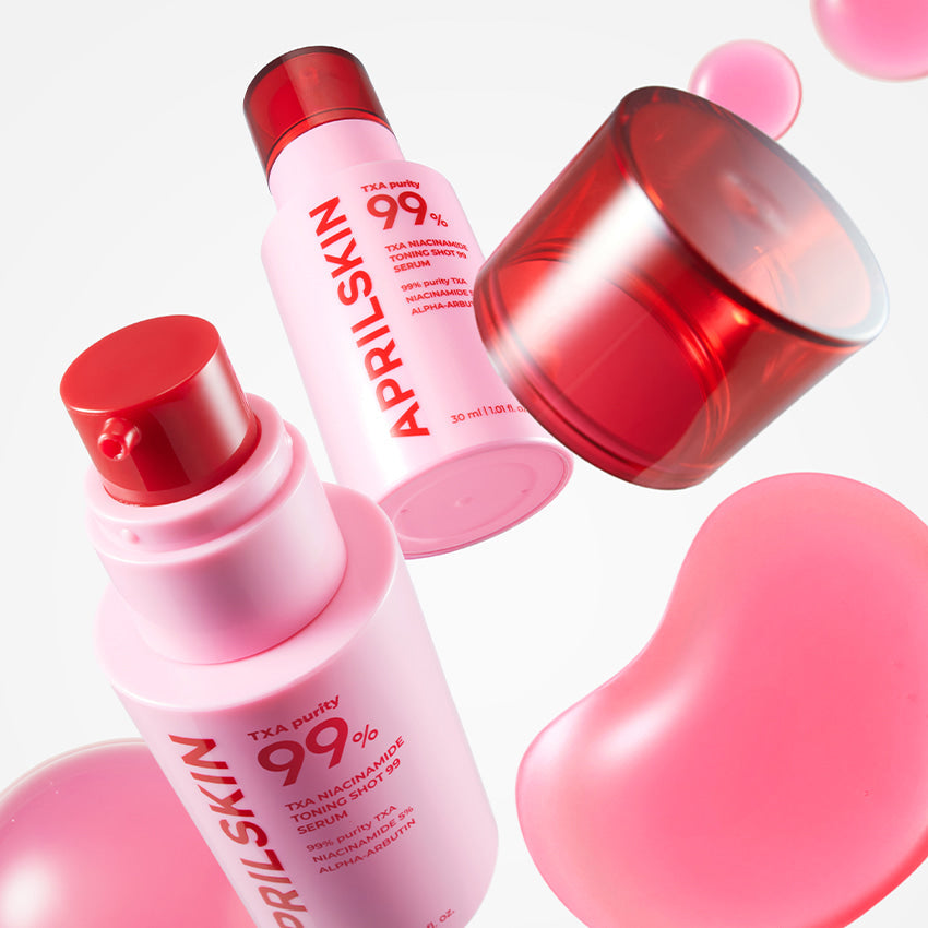 APRILSKIN TXA Niacinamide Toning Shot 99 Serum 30ml with red cap and pink liquid, 30ml bottle, skincare product.