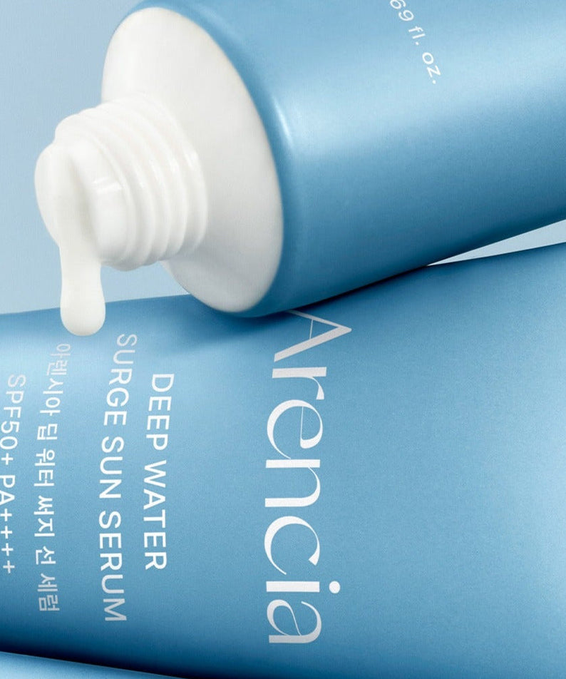 ARENCIA Deep Water Surge Sun Serum 50ml with SPF50+ PA++++ nozzle view on blue tube