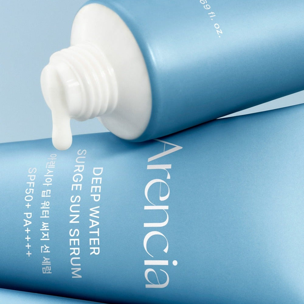 ARENCIA Deep Water Surge Sun Serum 50ml with SPF50+ PA++++ nozzle view on blue tube