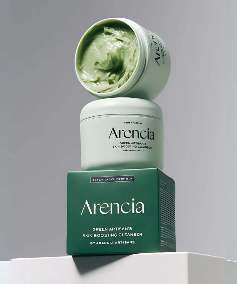 ARENCIA Green Artisan Skin Boosting Cleanser 120g displayed with packaging and open jar showing product texture.