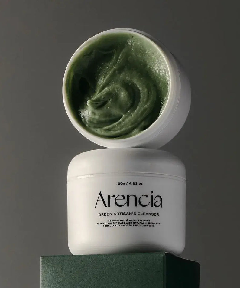 ARENCIA Green Artisan Skin Boosting Cleanser 120g in a white jar with green texture, eco-friendly design, skincare product