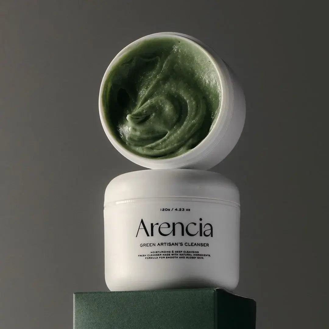 ARENCIA Green Artisan Skin Boosting Cleanser 120g in a white jar with green texture, eco-friendly design, skincare product