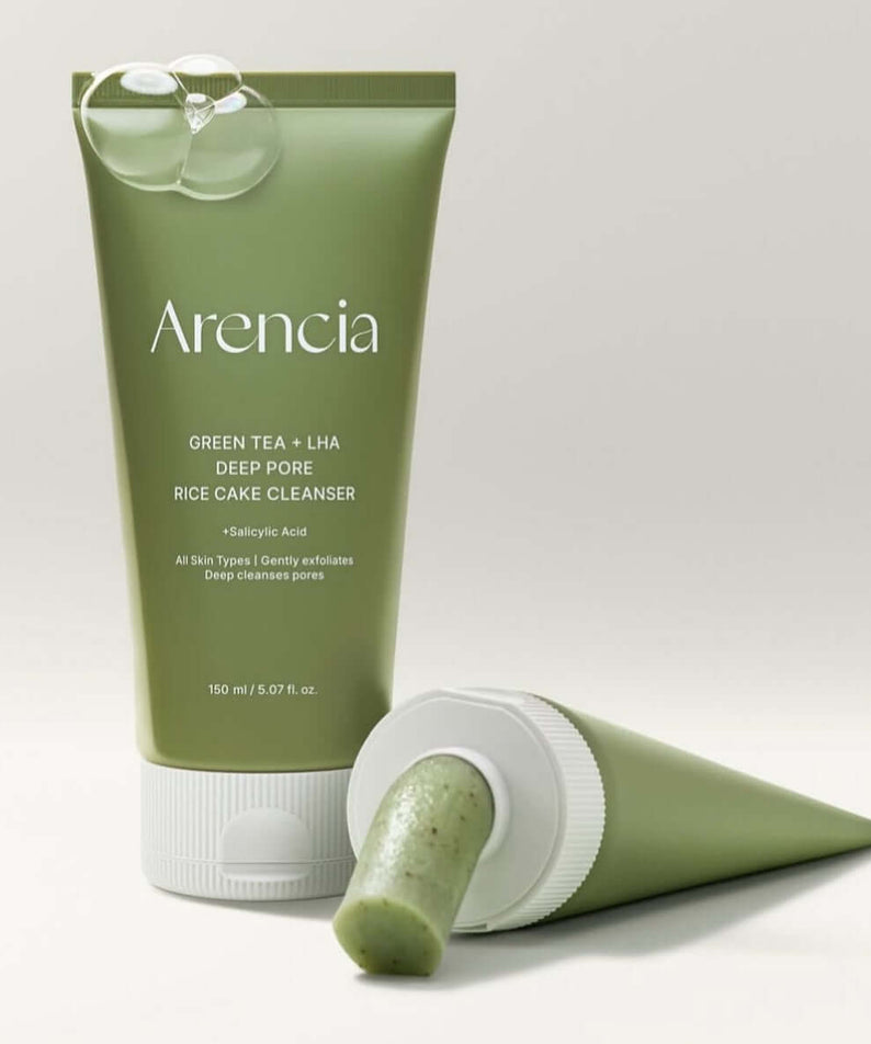 ARENCIA Green Tea + LHA Deep Pore Rice Cake Soap 150ml product image showing green tube packaging on a light background
