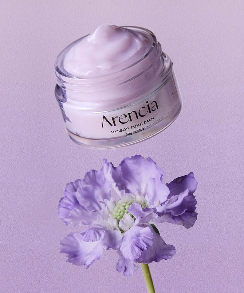 ARENCIA Hyssop Fume Balm 30g jar with purple flower on a lavender background