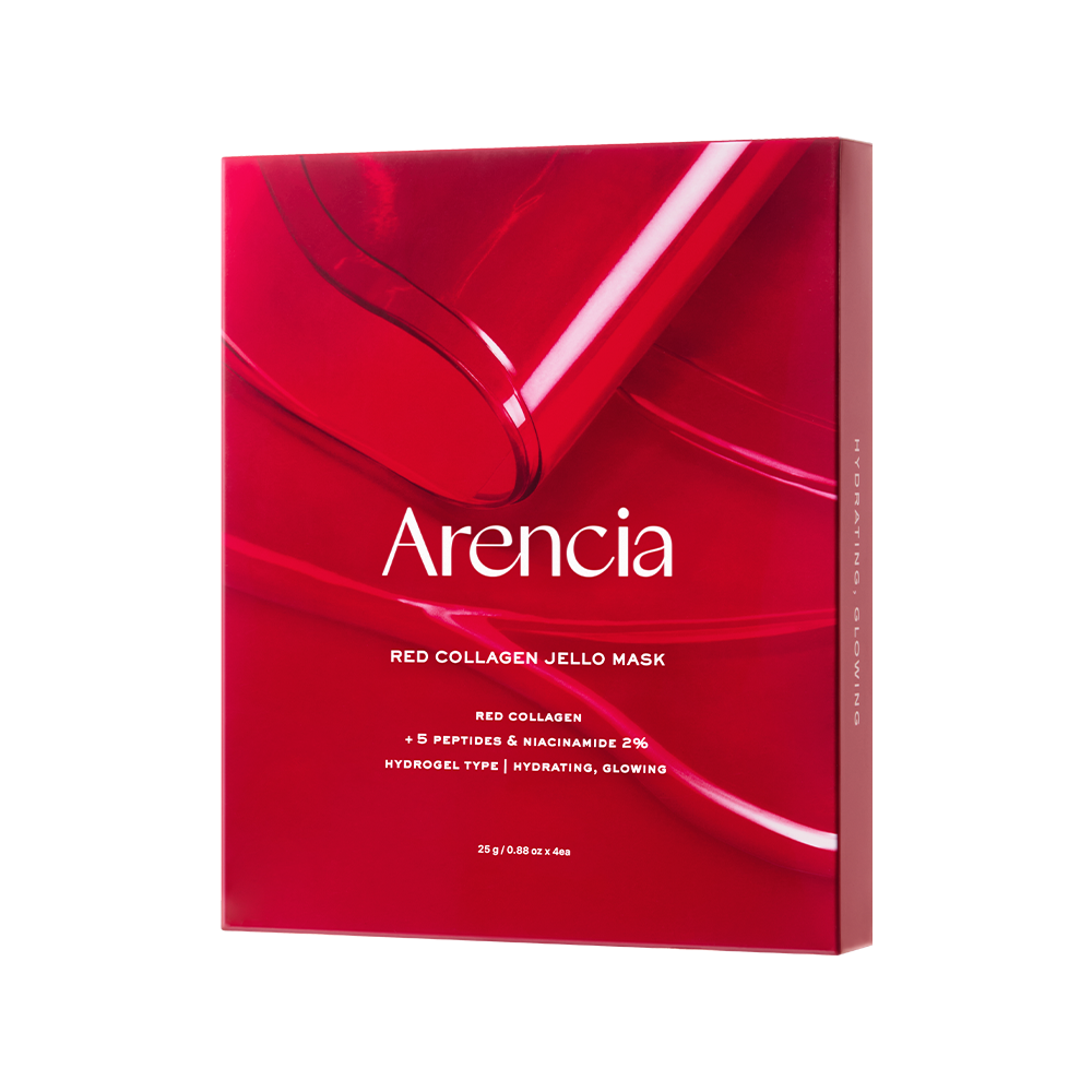 ARENCIA Red Collagen Gel Mask 4 Sheets in red packaging, featuring hydrating and glowing properties, rich in peptides and niacinamide.