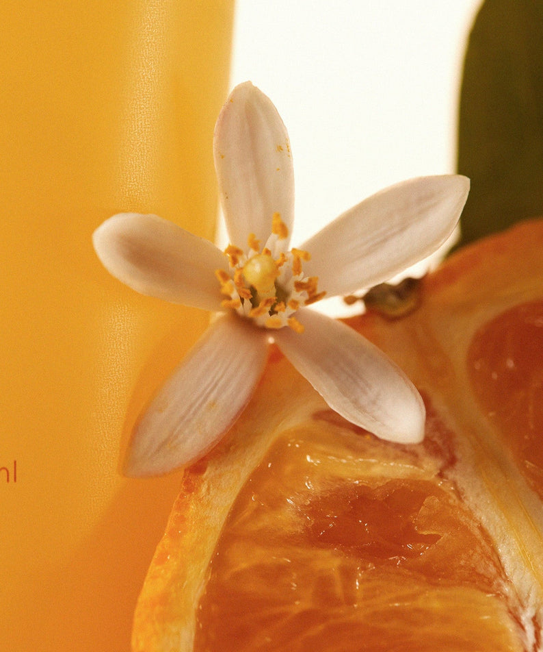AROMATICA Glow Vita Oil-in-Gel Cleanser Orange & Neroli 150ML with an orange slice and flower display