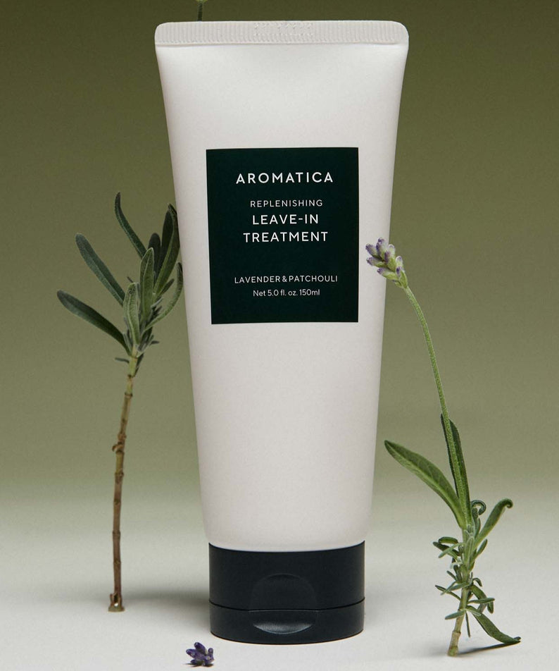 AROMATICA Replenishing Leave-In Treatment Lavender & Patchouli 150ML bottle with lavender and patchouli branches