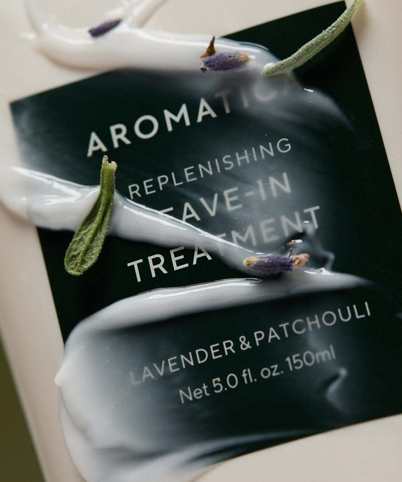 AROMATICA Replenishing Leave-In Treatment Lavender & Patchouli 150ML product image with cream and lavender details.