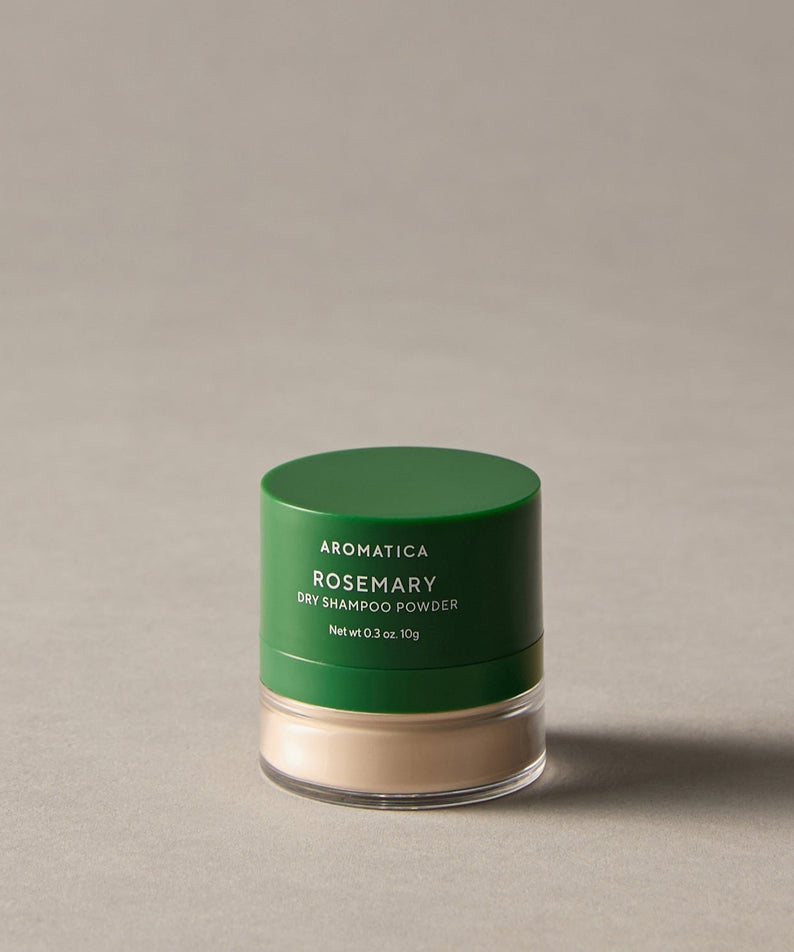 AROMATICA Rosemary Dry Shampoo Powder 10g in green packaging on a neutral background