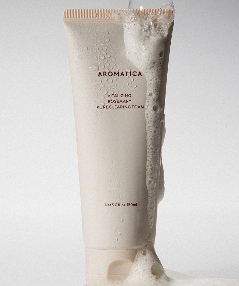 AROMATICA Vitalizing Rosemary Pore Clearing Foam 150ML with foamy texture spilling over the tube