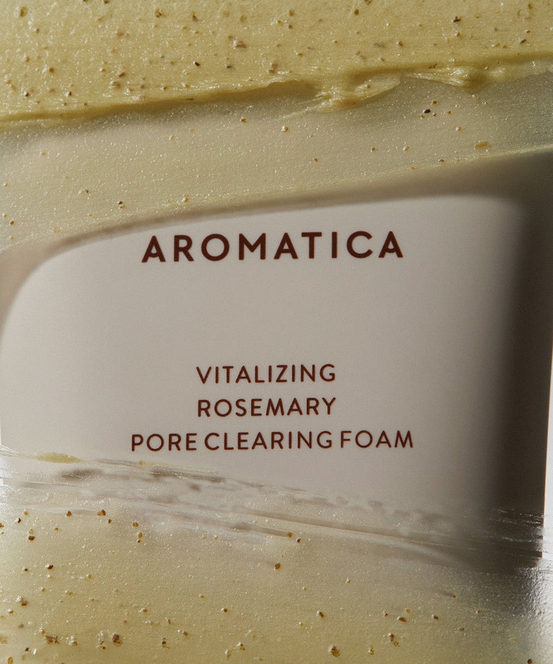 AROMATICA Vitalizing Rosemary Pore Clearing Foam 150ML in textured background of cleansing foam