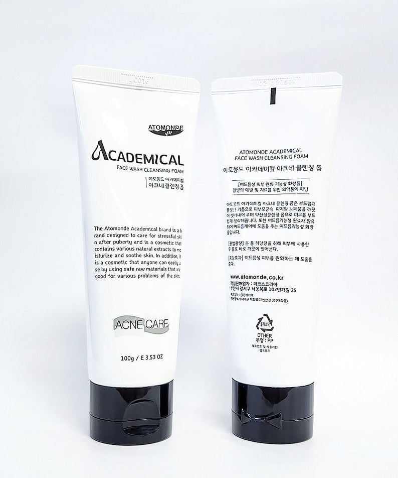 ATOMANDE Academic Face Wash Cleansing Foam 100g shown in dual packaging.