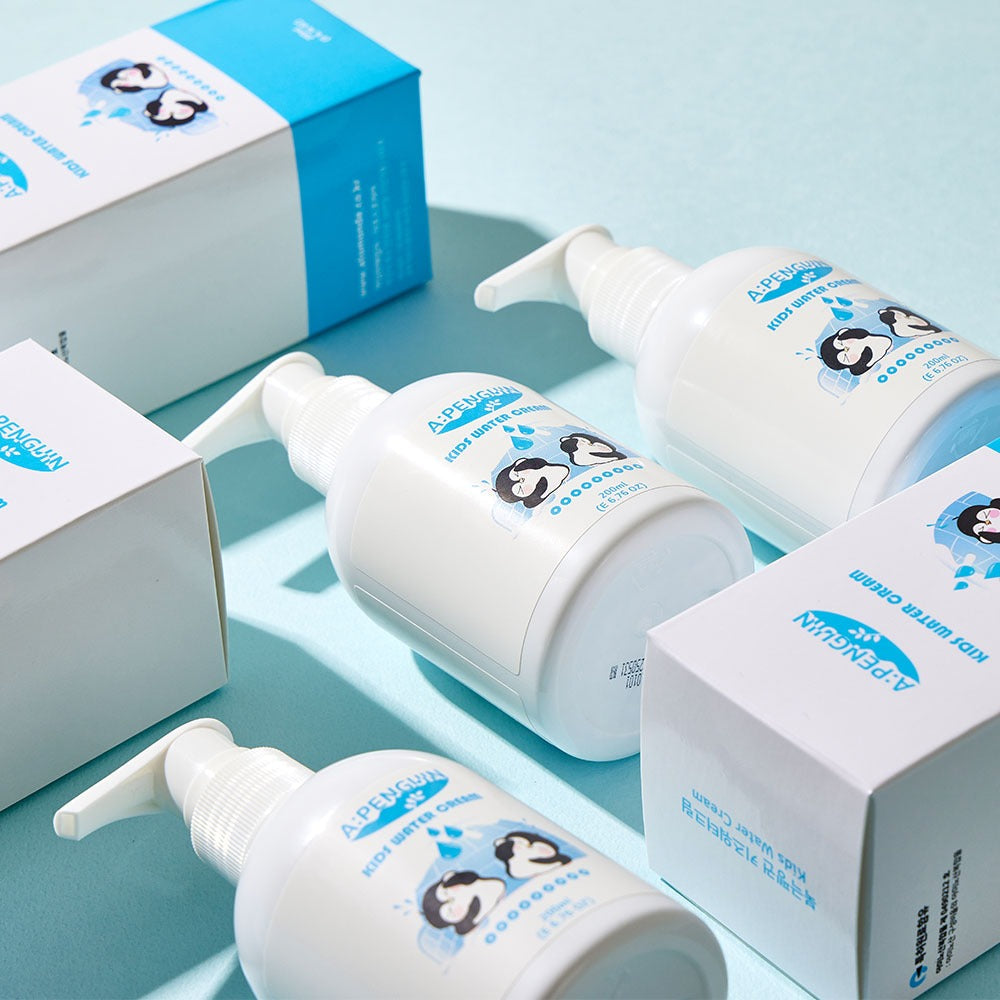 ATOMANDE Arctic Penguin Kids Children's Water Essence Moisture Cream Body Lotion 200ml packaging on display