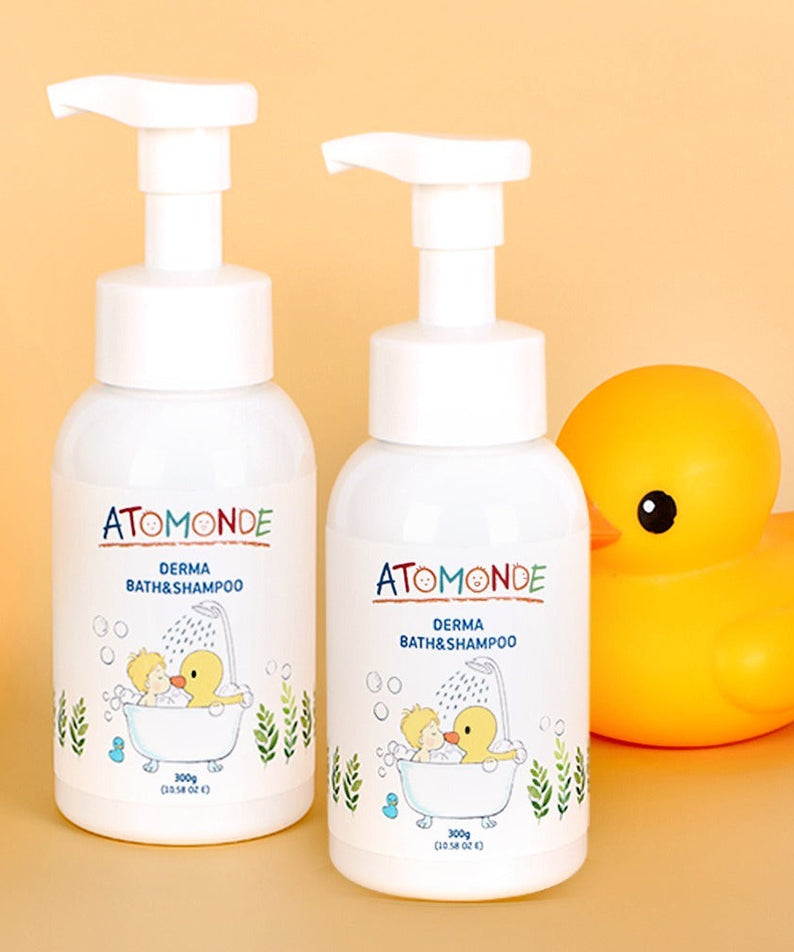 ATOMANDE Derma Bath & Shampoo Bubble Cleanser Foam Type 300g bottles with rubber duck on display