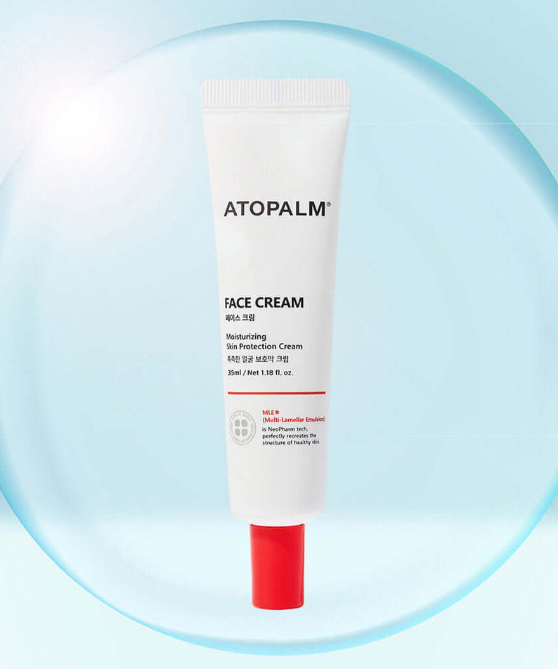 ATOPALM Face Cream 35ml tube against a blue background, showcasing moisturizing skin protection features.