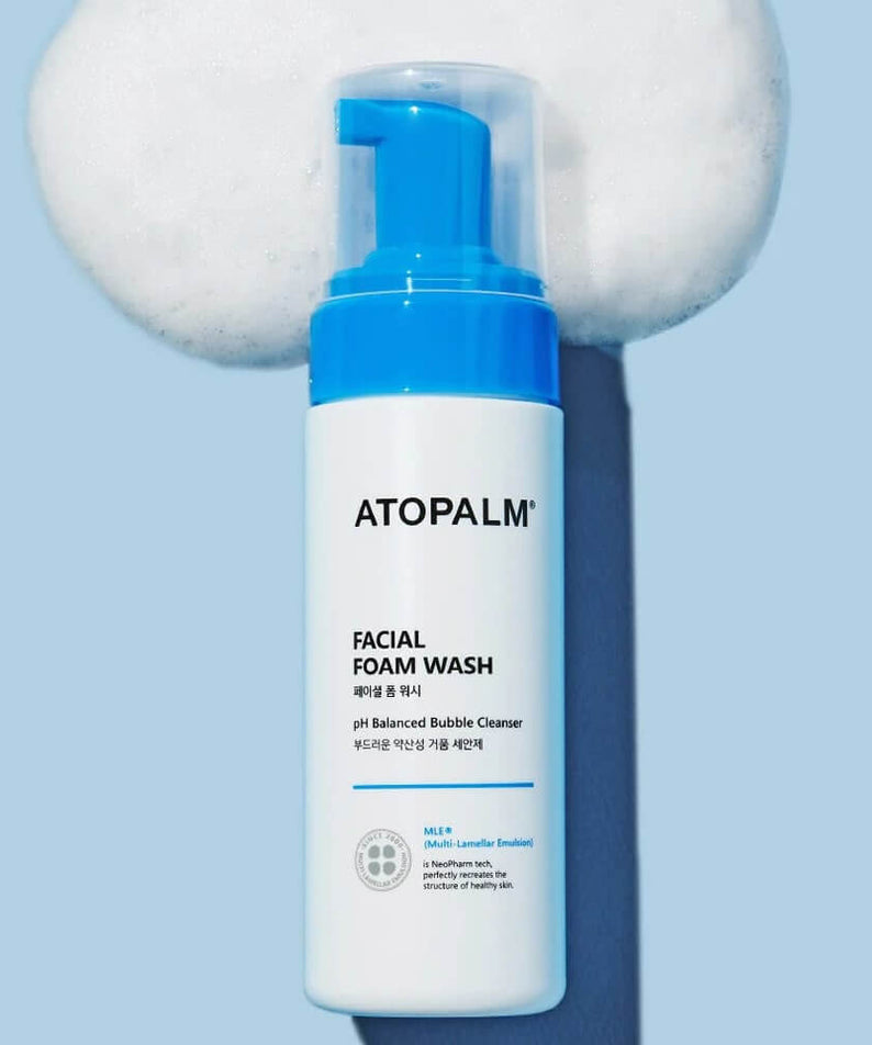 ATOPALM Facial Foam Wash 150ml bottle with foam background, showcasing its skin-friendly, pH-balanced cleansing formula and soothing benefits.
