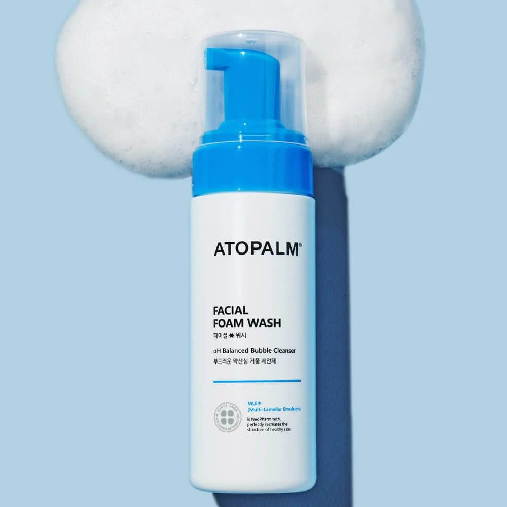 ATOPALM Facial Foam Wash 150ml bottle with foam background, showcasing its skin-friendly, pH-balanced cleansing formula and soothing benefits.