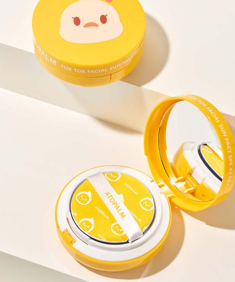 ATOPALM Toktok Facial Sun Pact SPF43 PA+++ 15g Main Product & 15g Refill Set in open and closed yellow compact design