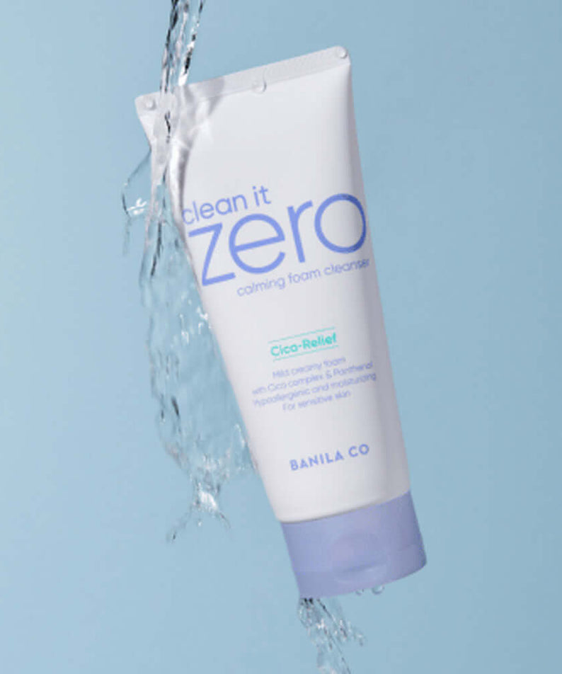 BANILA CO Clean It Zero Calming Foam Cleanser 150ml bottle with water splash on blue background