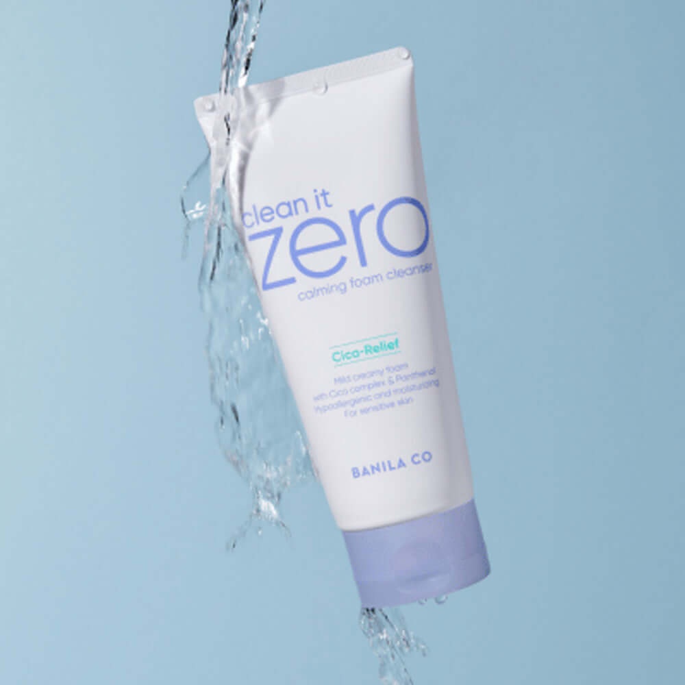 BANILA CO Clean It Zero Calming Foam Cleanser 150ml bottle with water splash on blue background