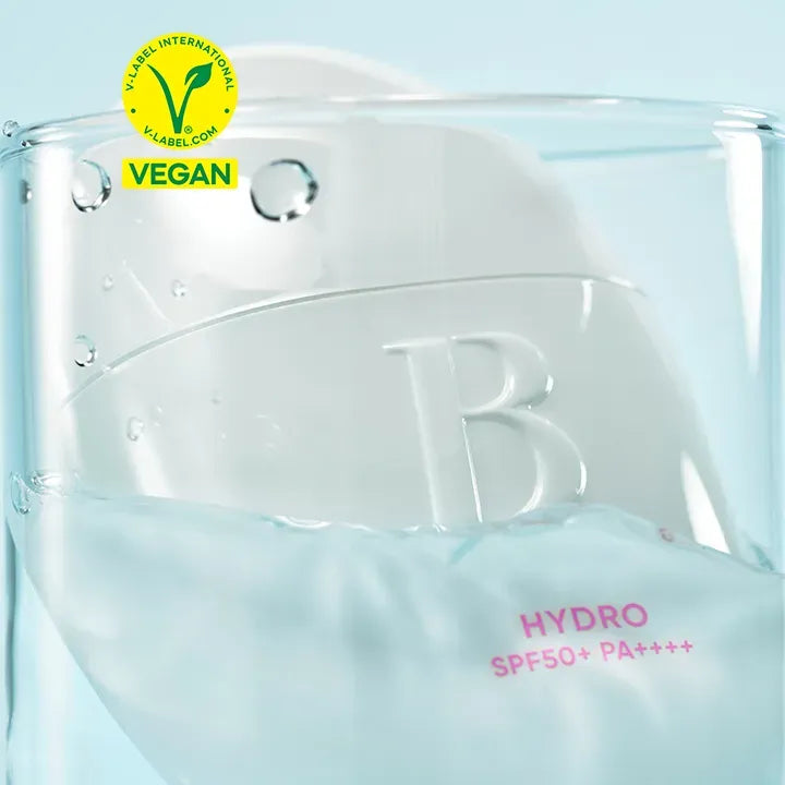 BANILACO All Day Prep Hydro UV Serum Base SPF50+PA++++ in glass with vegan certification, highlighting SPF protection and hydration.