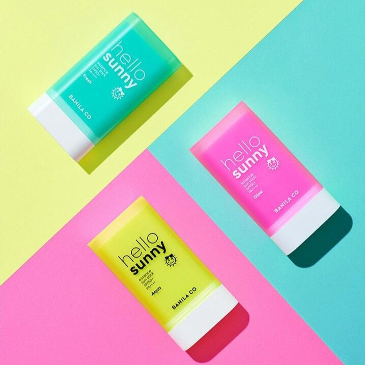BANILACO Hello Sunny Essence Sun Stick Fresh SPF50+PA++++ seen in vibrant packaging on a colorful background