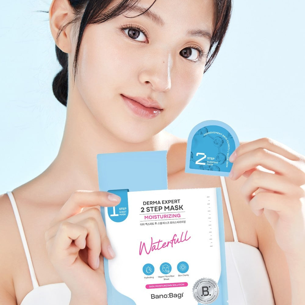 Woman holding BANOBAGI Derma Expert 2 Step Mask Moiturizing package, highlighting skincare benefits.