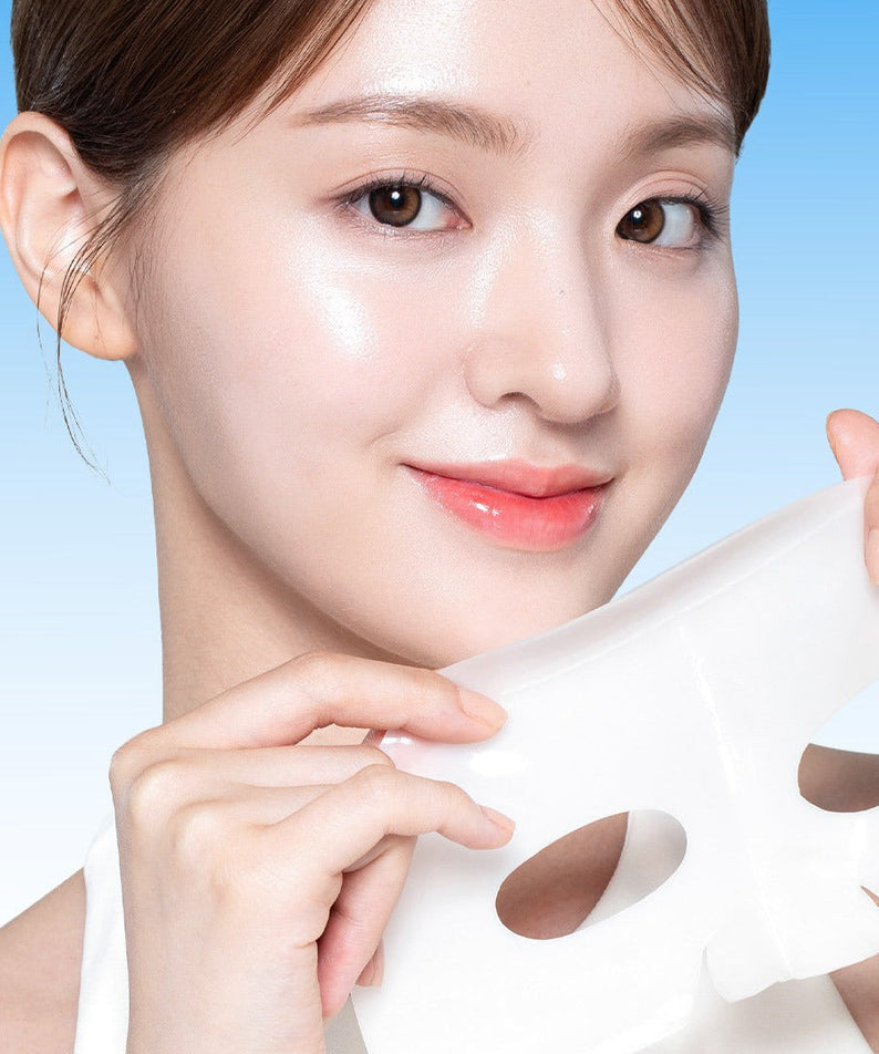 Woman holding BANOBAGI PDRN Collagen Gel Mask 4 sheets with glowing skin.