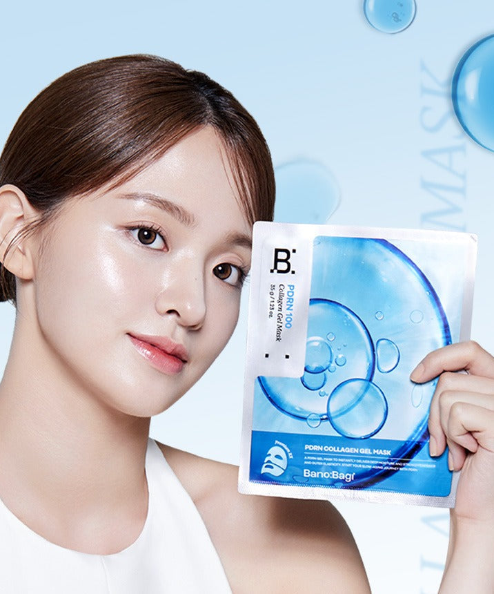 Woman holding BANOBAGI PDRN Collagen Gel Mask 4 sheets against blue background with skincare bubbles.