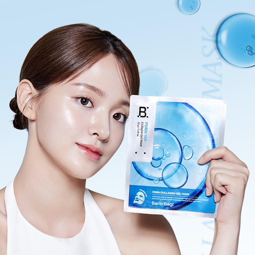 Woman holding BANOBAGI PDRN Collagen Gel Mask 4 sheets against blue background with skincare bubbles.