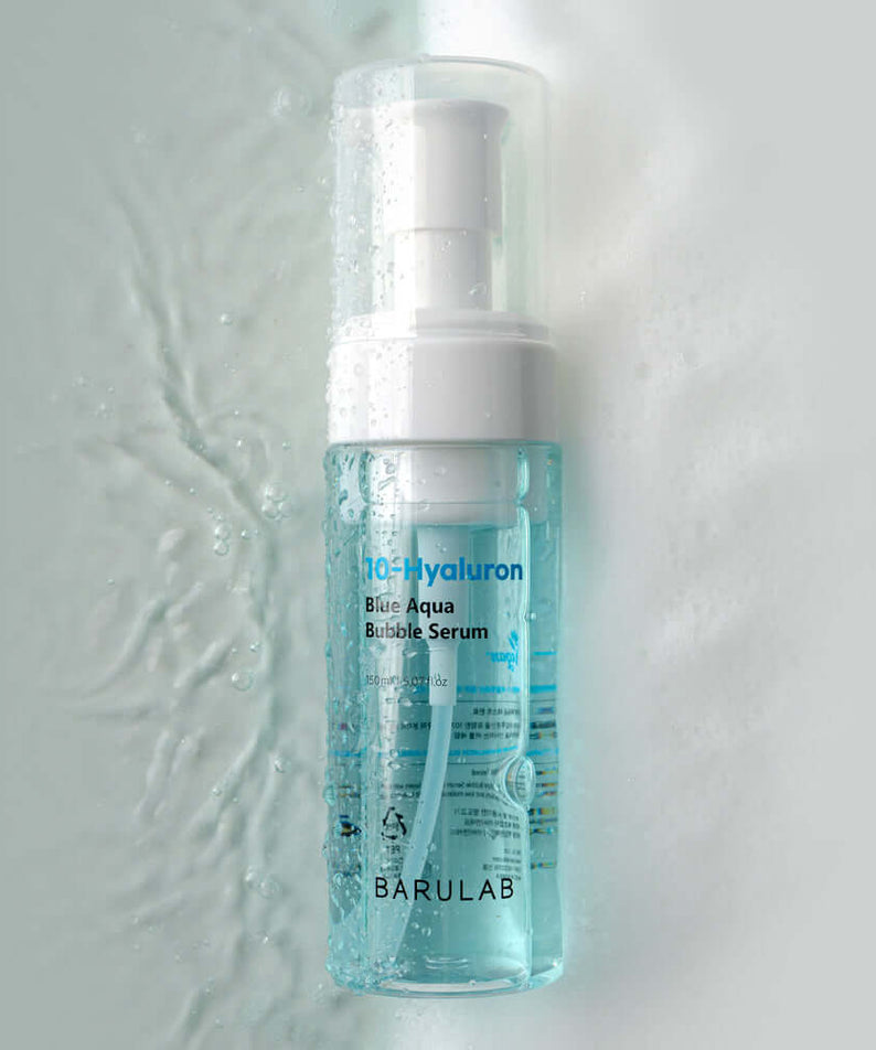 BARULAB 10-Hyaluronic Acid Blue Aqua Bubble Serum glowing bottle on textured surface