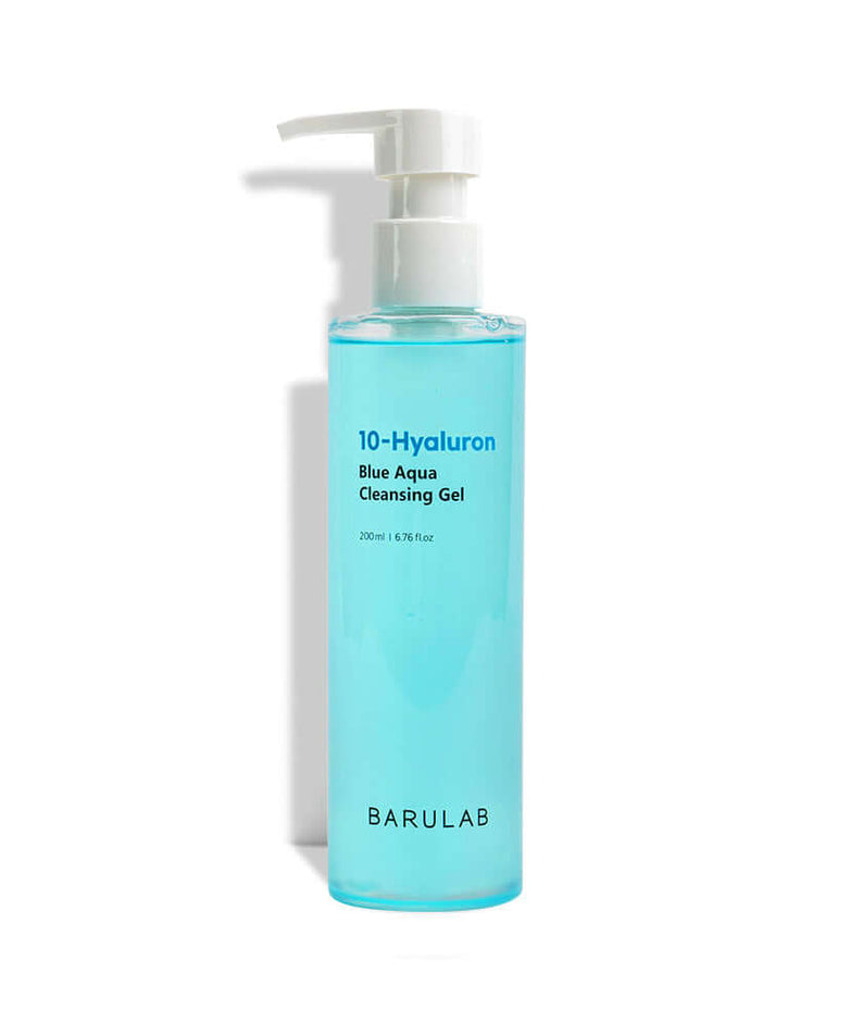 BARULAB 10-Hyaluronic Acid Blue Aqua Cleansing Gel bottle, 200ml, blue liquid face cleanser with pump, skincare product.