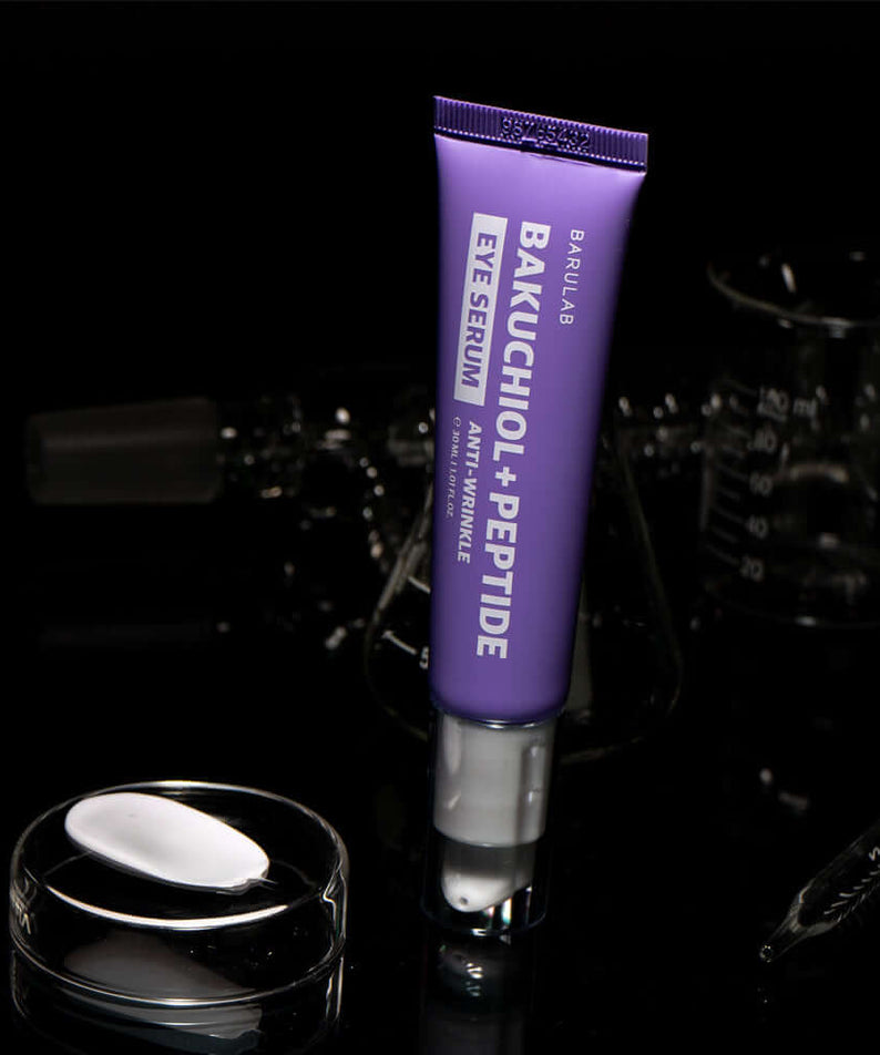 BARULAB Bakuchiol Peptide Wrinkle Eye Serum 30ml tube on dark background, anti-wrinkle skincare product with peptides.