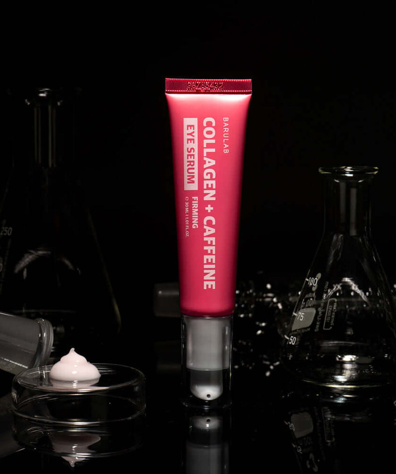 BARULAB Collagen Caffeine Elasticity Eye Serum 30ml on display with scientific glassware in the background.