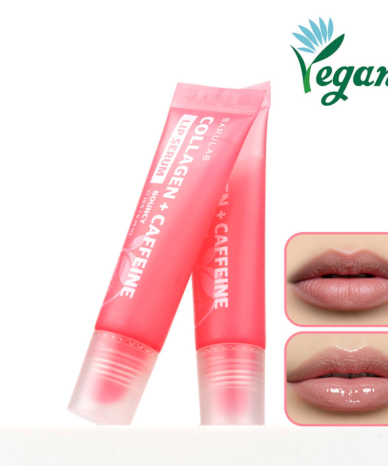 BARULAB Collagen Caffeine Tangle Lip Serum 10g vegan product with two tubes and before-and-after lip application images.