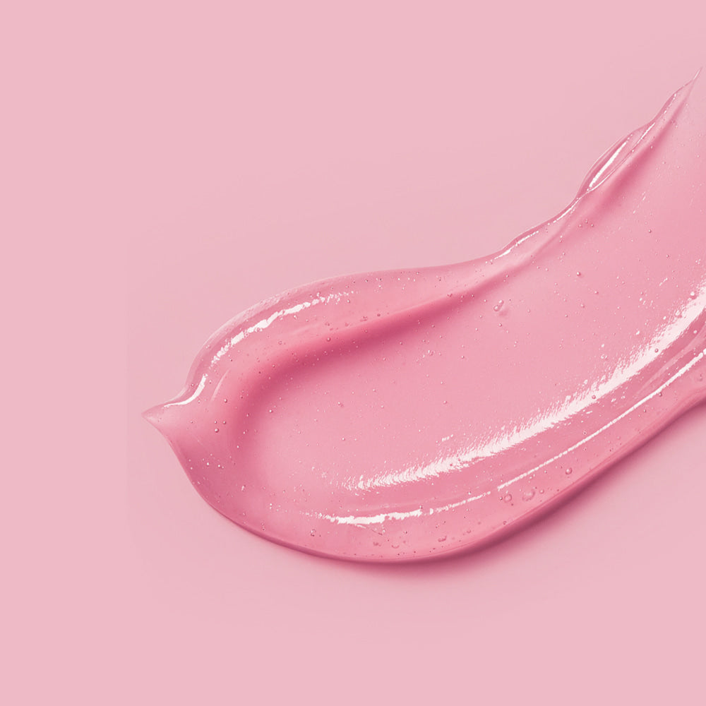 Texture of BARULAB Collagen Caffeine Tangle Lip Serum 10g, pink glossy smear on a matching background.