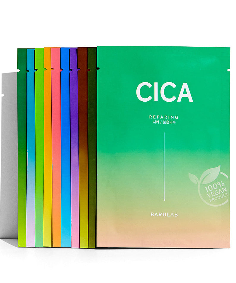 BARULAB The Clean Vegan Mask packaging with multicolored mask sheets displayed, highlighting vegan and natural skincare benefits.