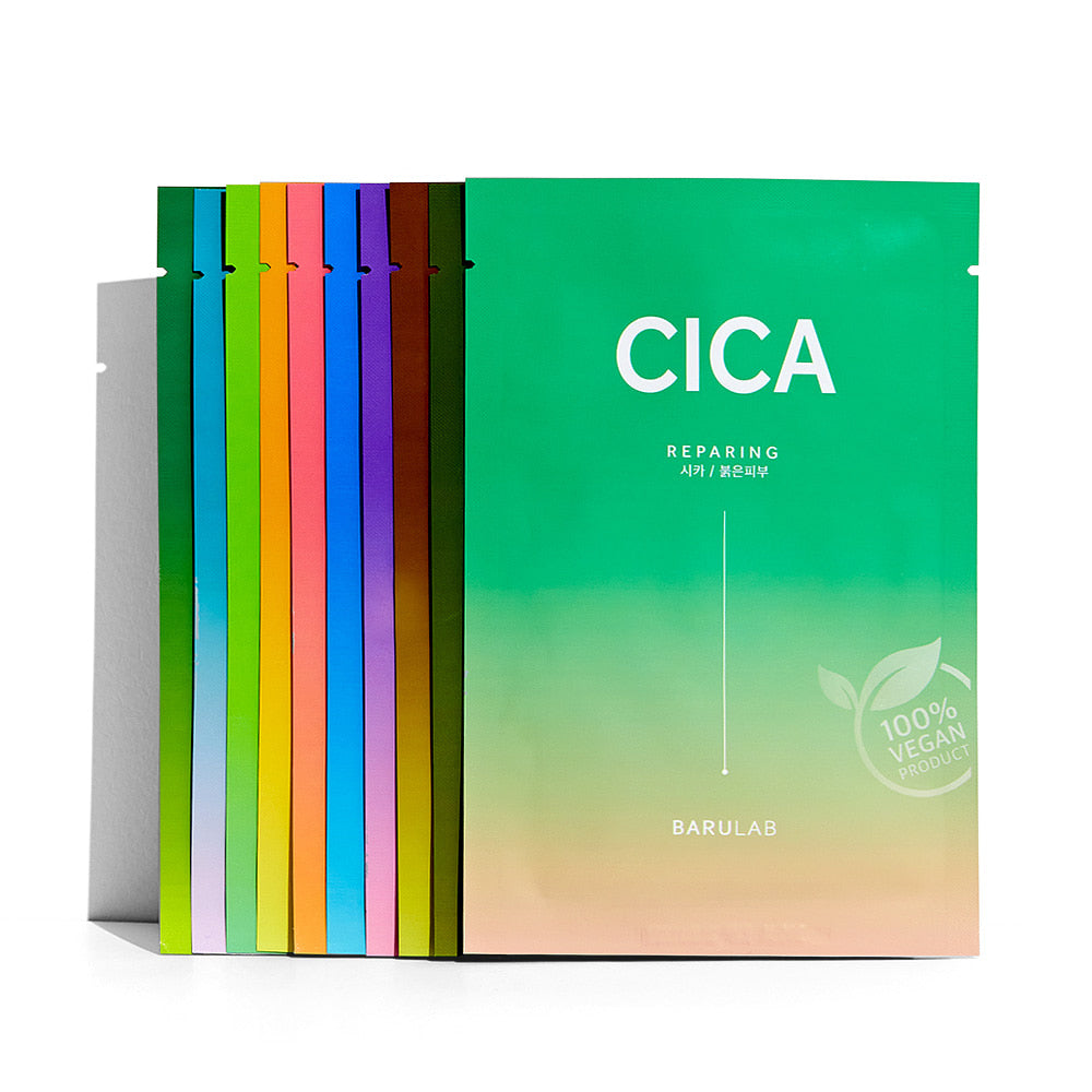 BARULAB The Clean Vegan Mask packaging with multicolored mask sheets displayed, highlighting vegan and natural skincare benefits.