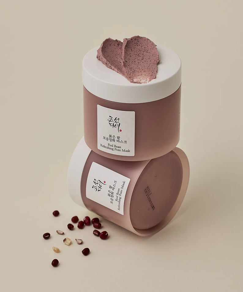 BEAUTY OF JOSEON Red Bean Refrshing Pore Mask 140ml, skincare product with red beans and mask texture on lid, two containers stacked