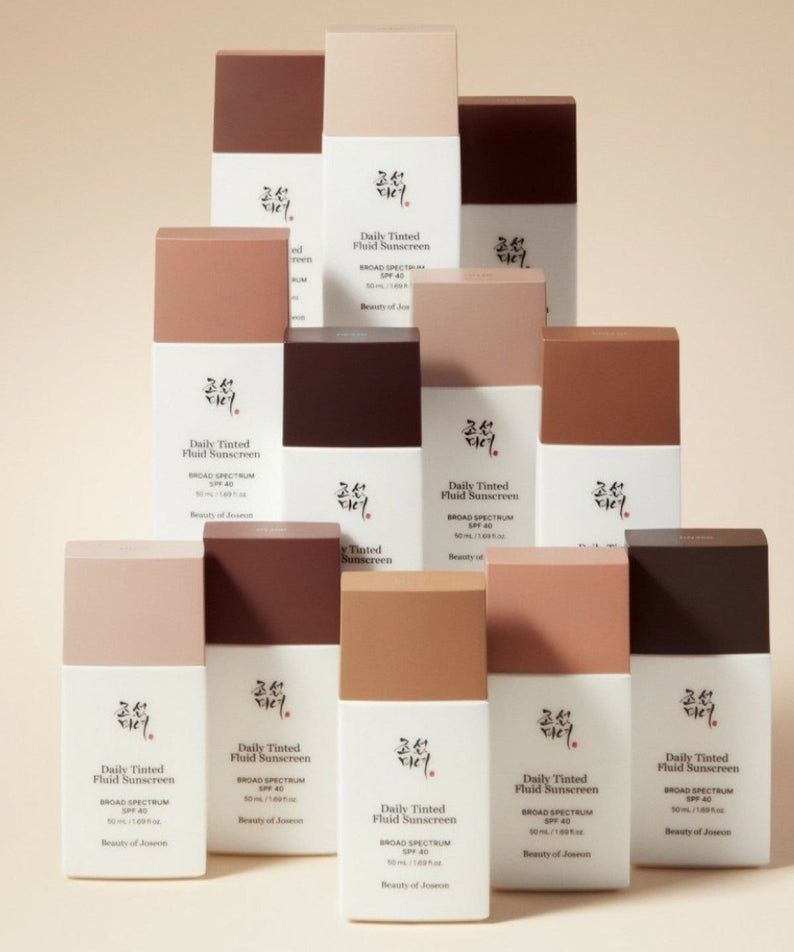 BEAUTY OF JOSEON Daily Tinted Fluid Sunscreen 50ml bottles in various shades.