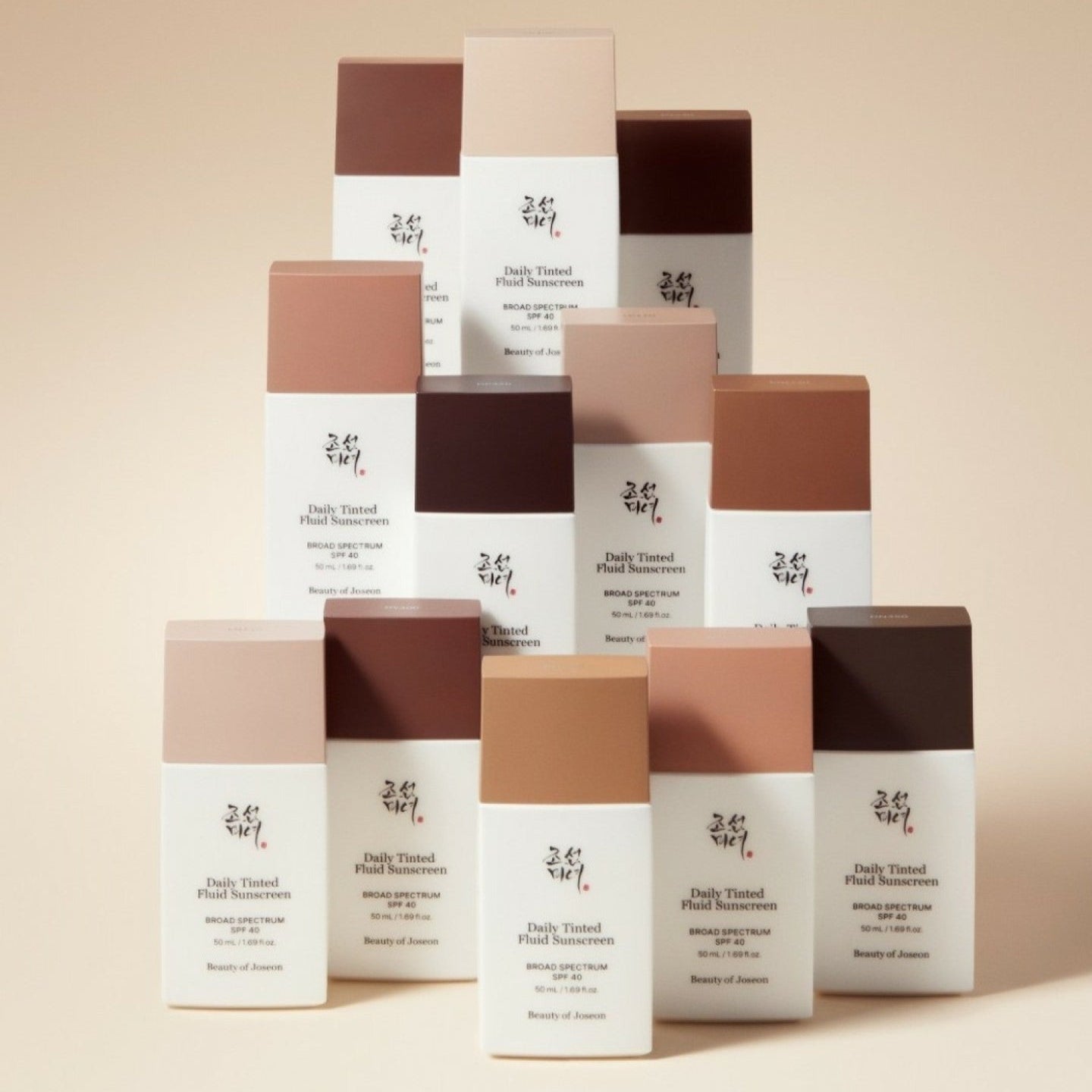 BEAUTY OF JOSEON Daily Tinted Fluid Sunscreen 50ml bottles in various shades.