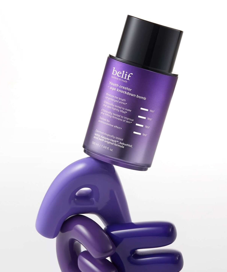 BELIF Age Knockdown Bomb Serum 50ml bottle on a unique display stand.