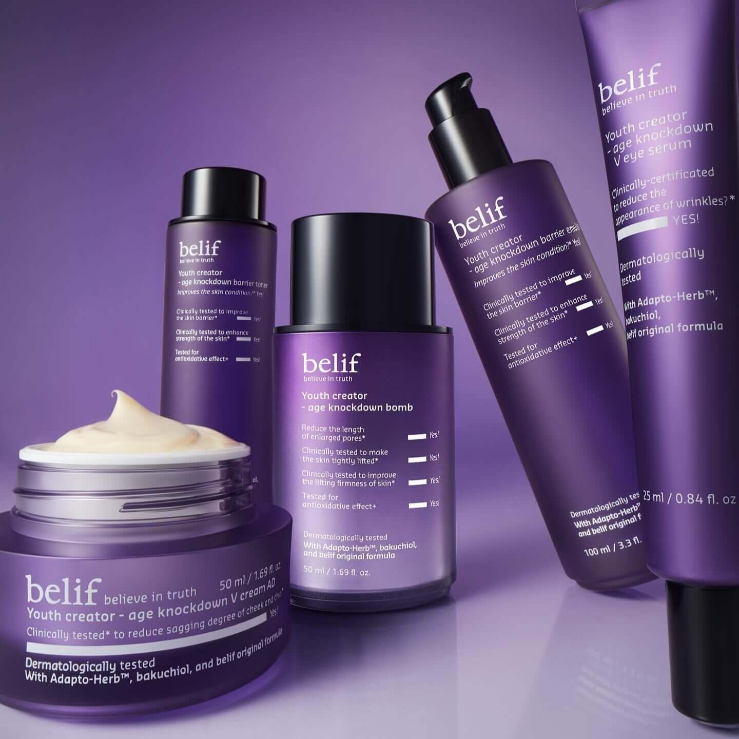 BELIF Age Knockdown Bomb Serum 50ml in a collection of BELIF skincare products, anti-aging beauty solutions displayed in purple bottles