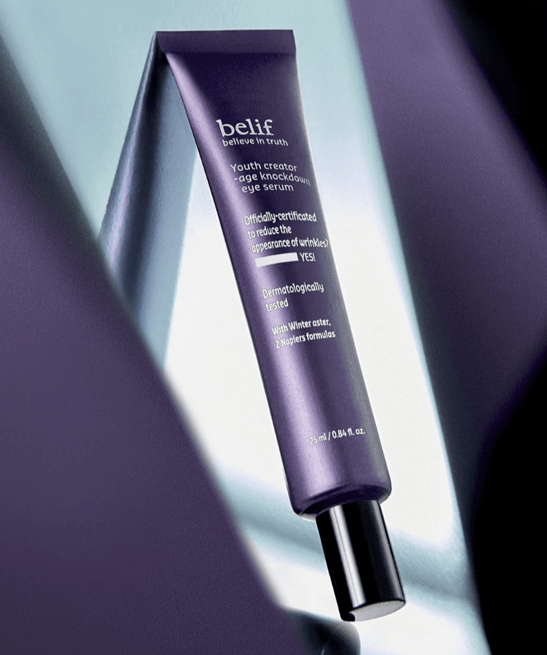 BELIF Age Knockdown V Eye Serum 25ml in sleek purple packaging, dermatologically tested for effective reduction of wrinkles.