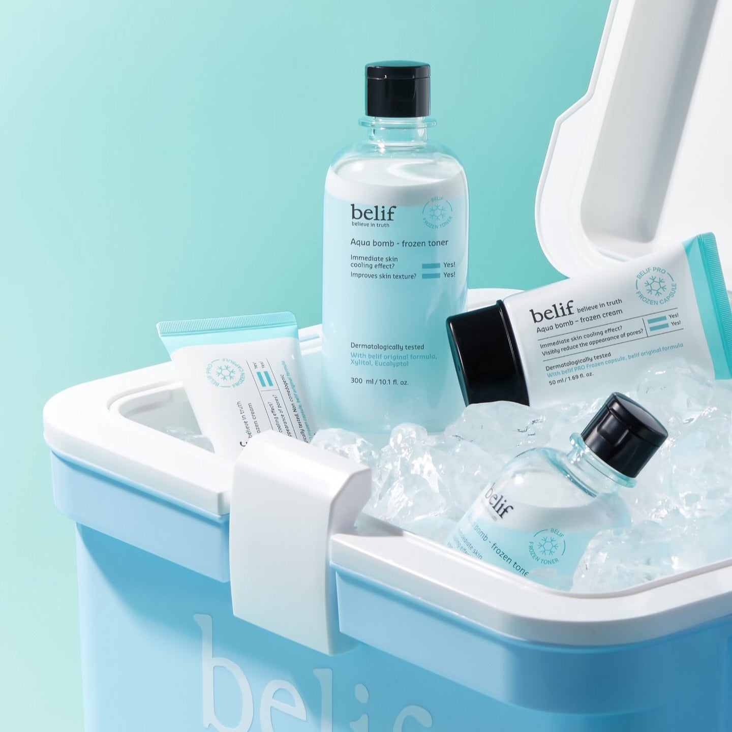 BELIF Aqua Bomb Frozen Cream 50ml displayed with skincare products in an ice bucket.