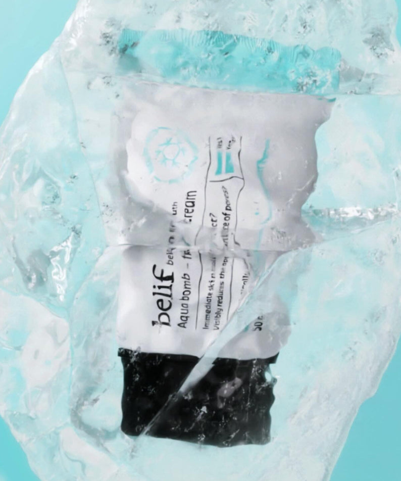 BELIF Aqua Bomb Frozen Cream 50ml in icy background, showcasing cooling skincare benefits.