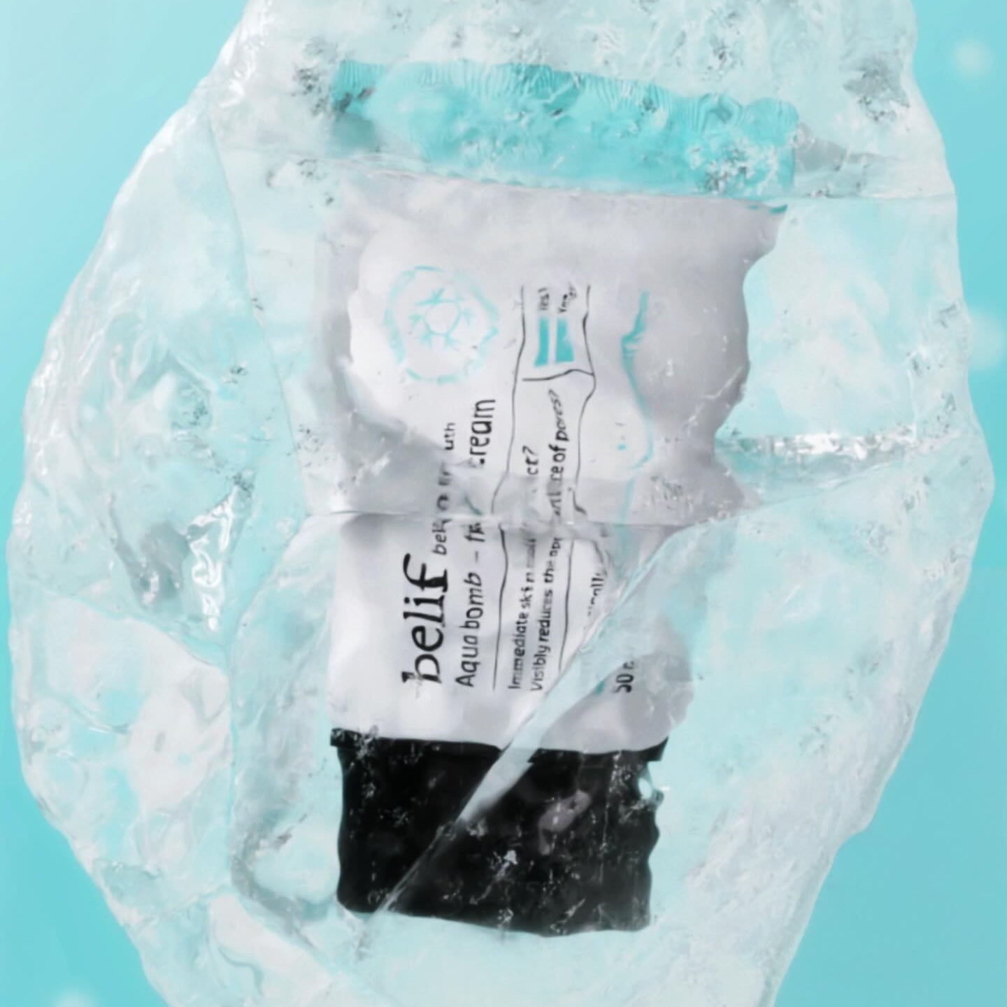 BELIF Aqua Bomb Frozen Cream 50ml in icy background, showcasing cooling skincare benefits.