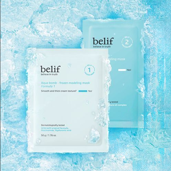 BELIF Aqua Bomb Frozen Modeling Mask packaging against icy blue background