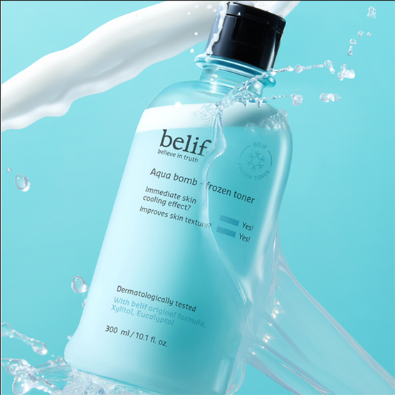 Image of BELIF Aqua Bomb Frozen Toner 330ml with cooling effect, featuring product packaging and brand logo on a turquoise background.