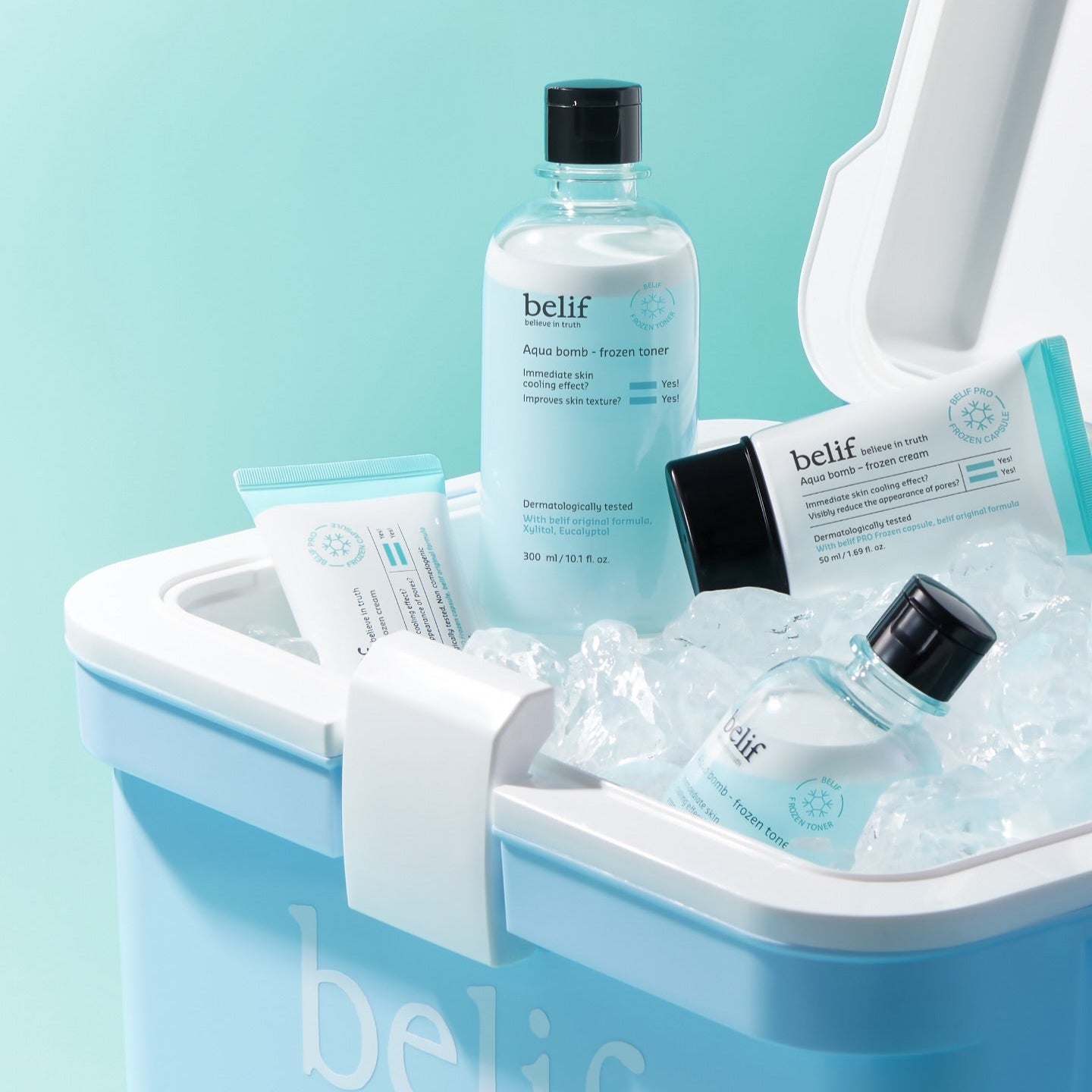 BELIF Aqua Bomb Frozen Toner 330ml displayed in ice cooler with other skincare products.